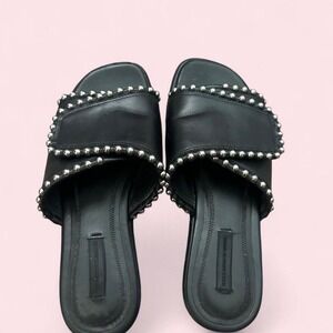 Alexander Wang Black Leather Silver Studded Slide Sandals Flat Mules
